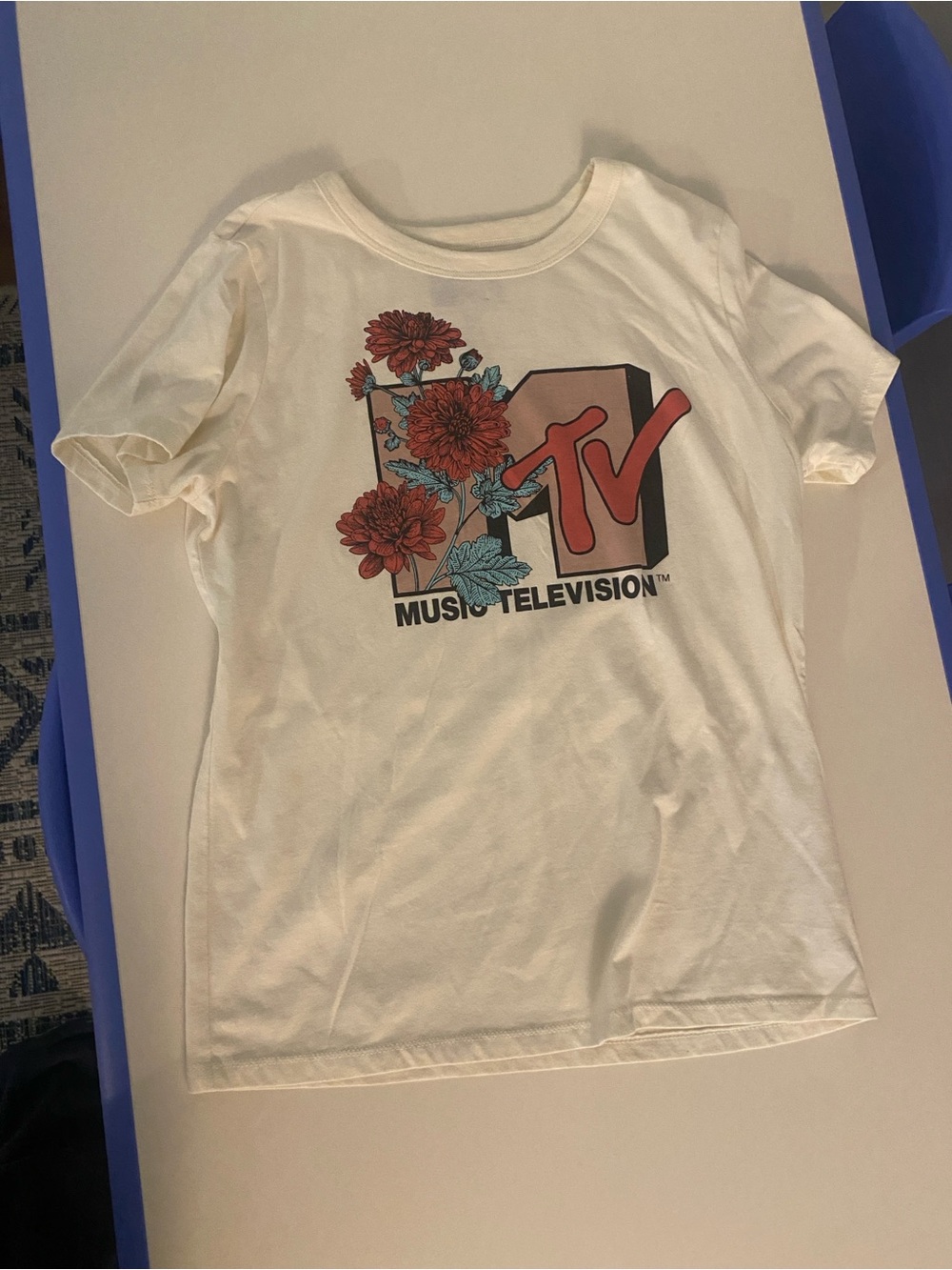 MTV Cream Graphic Tee With Teal & Red Floral Accents